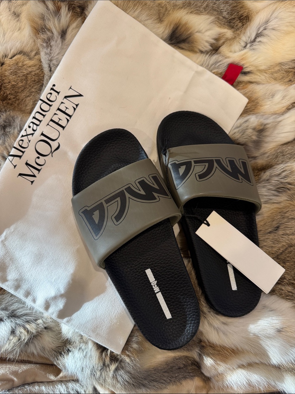 Men's Black & Olive Green Logo Slide Sandals Size size 40